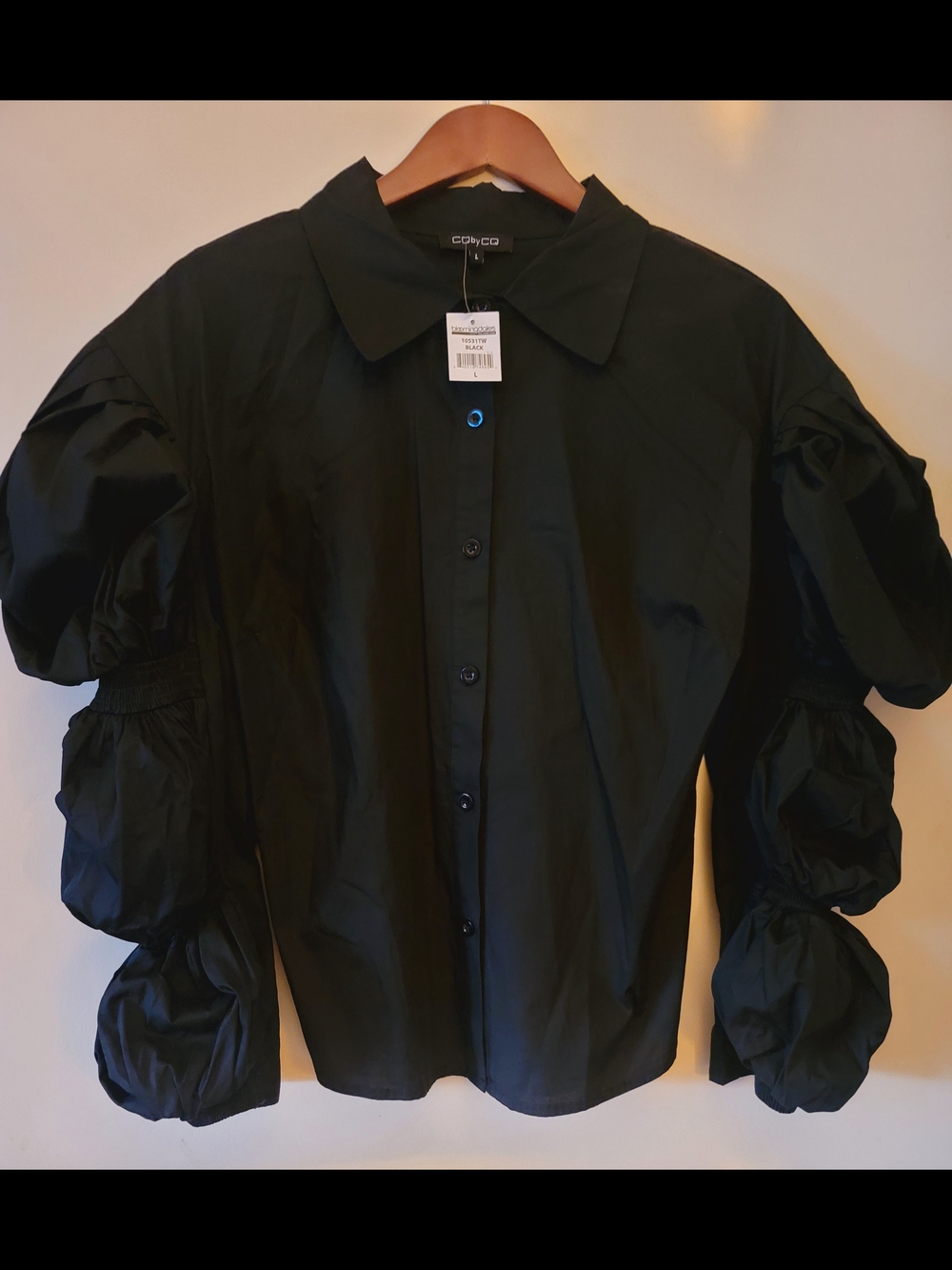 CQ by CQ - Black Puff-Sleeve Button Down Shirt - Statement Sleeve Top Size L NWT